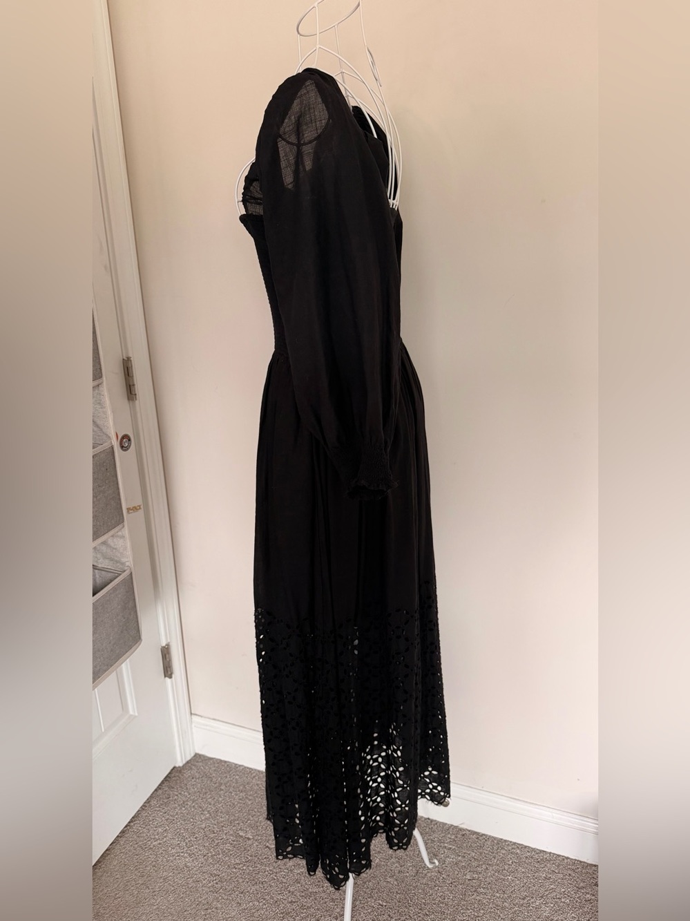 Free People Black Square-Neck Eyelet Maxi Dress with Puff Sleeves Size S - Picture 7 of 9